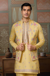 Yellow Embroidered Kurta with Koti & Bottom