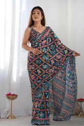 Navy Blue Kutchi Print Heavy Chinnon Saree with Mirror Lace Border