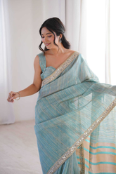 Pure Spun Cotton Firozi Saree with Real Mirror Work & Jari Embroidery