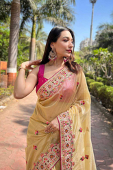 Elegant Golden Twill Net Saree with Embellished Diamond Work & Tassel Border