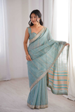 Pure Spun Cotton Firozi Saree with Real Mirror Work & Jari Embroidery