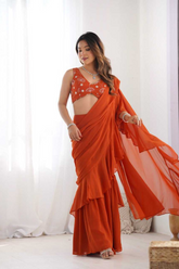 Elegant Orange Pure Georgette Sharara Saree with Sequin Embroidered Blouse