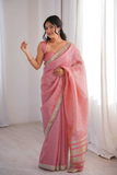 Pure Spun Cotton Pink Saree with Real Mirror Work & Jari Embroidery