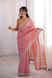 Pure Spun Cotton Pink Saree with Real Mirror Work & Jari Embroidery