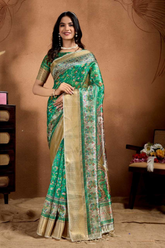 Green Soft Silk Saree with Gold Zari & Multicolor Accents