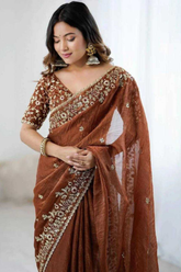 Soft Fendy Chiffon Saree with Heavy Sequin & Thread Embroidery + Scallop Border