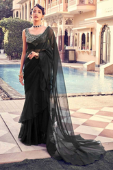 Elegant Black Organza Ruffle Saree with Real Mirror & Sequins Work Blouse