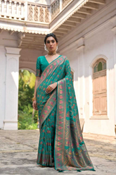Rama Green Extra Soft Pashmina Silk Saree with Kashmiri Jal Weaving & Zari-Meena Work