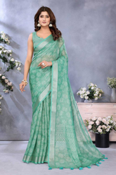 Charming Green Linen Shimmer Floral Printed Saree