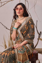 Black Linen Cotton Saree with Floral Digital Prints