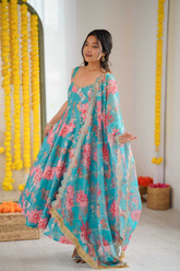 Pure Blue Muslin Floral Print Kali-Cut Gown Set with Organza Dupatta