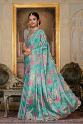 Heavy Chinnon Printed Saree with Kutchi Work & Mirror Lace Border