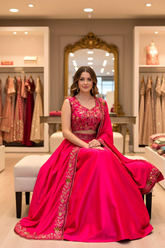 Hot Pink Malai Satin Sequins Embroidered Lehenga Set