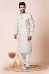 White Cotton-Poly Printed Classic Kurta Pajama Set