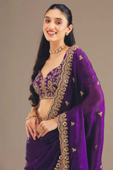 Royal Purple Fandy Chiffon Saree with Heavy Embroidery and Sequin Work