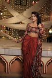 Maroon Printed Crepe Silk Tube Blouse with Draped Knotted Skirt & Long Shrug Set