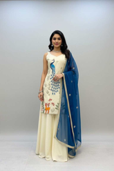 Ivory France Crepe Silk Kurti Palazzo Set with Peacock Embroidery & Dupatta