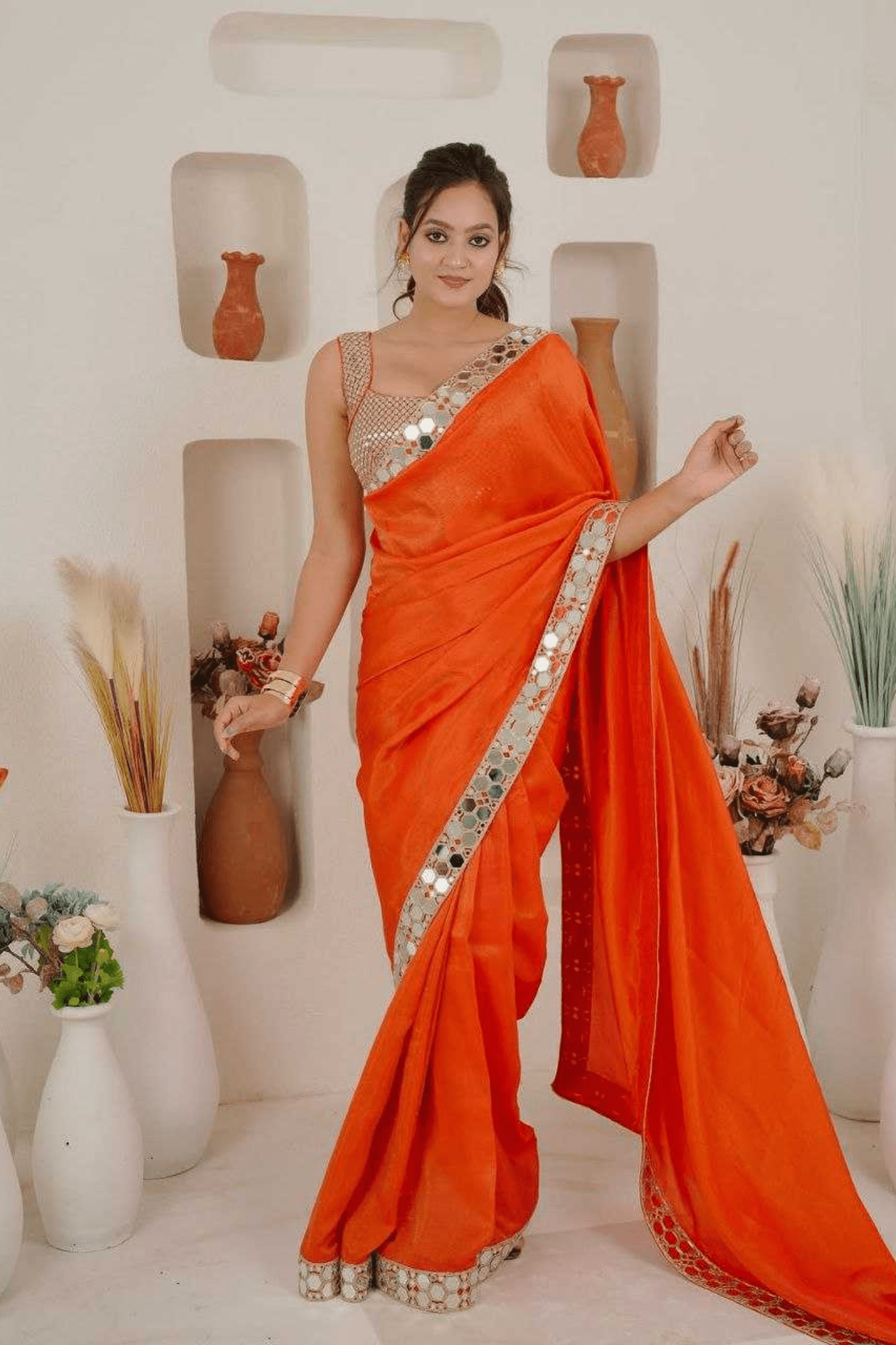 Amber Glow Premium Rangoli Silk Mirror Work Saree - kavyo.in