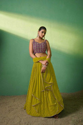 Lime Green Georgette Lehenga with Embroidered Blouse & Dupatta