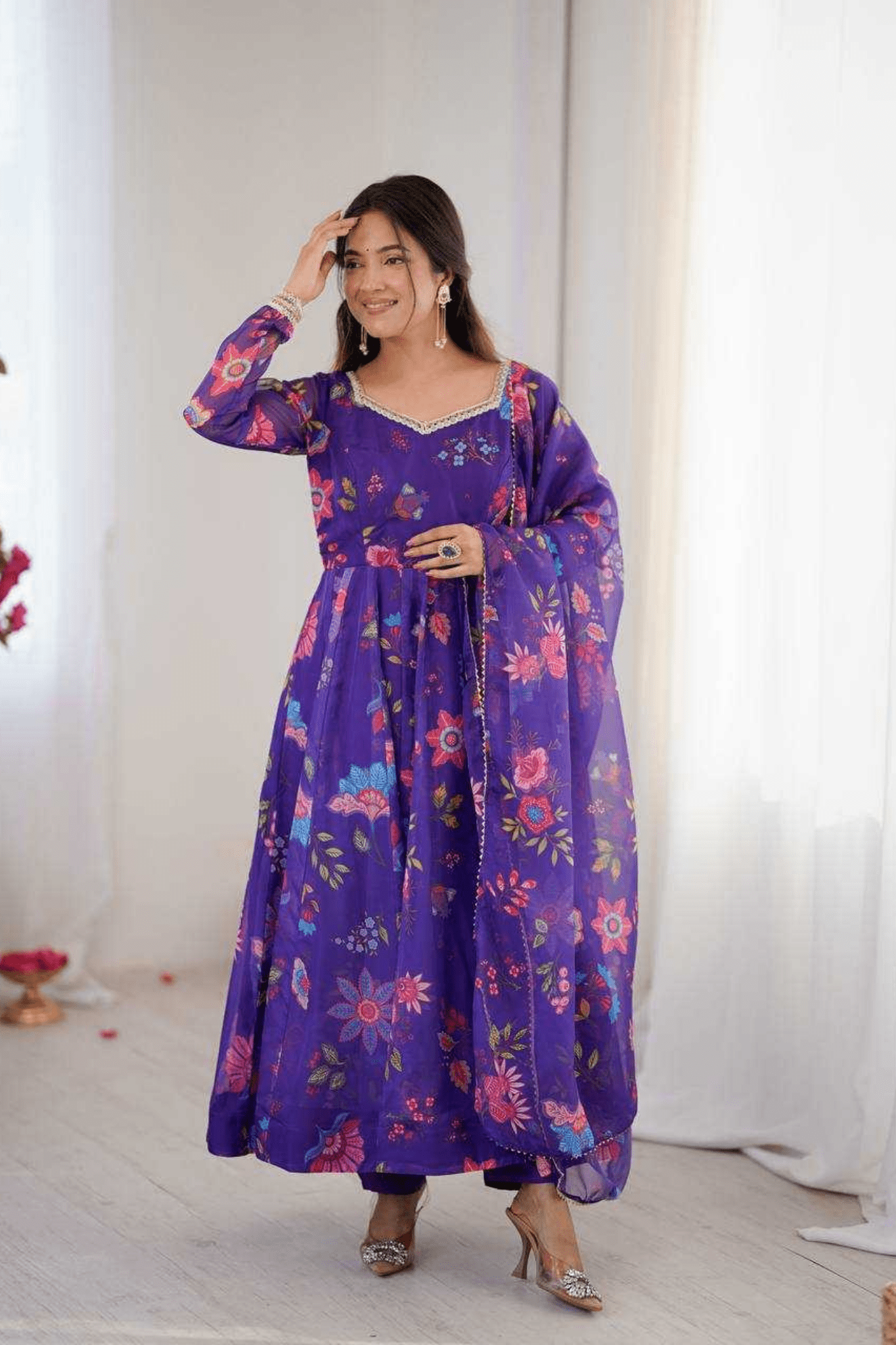Royal Bloom Organza Floral Anarkali Gown Set - kavyo.in