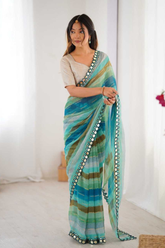 Sky Blue Heavy Smooth Marble Chiffon Leriya Print Saree with Zari Work & Mirror Border