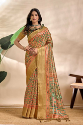 Olive Green Soft Silk Saree with Golden Zari Border & Patola-Inspired Design