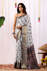 Soft Lichi Silk Saree with Ethnic Motif Print, Golden Zari Border & Rich Maroon Pallu