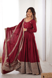 Maroon Chinon Silk Embroidered Anarkali Gown Set with Dupatta - kavyo.in