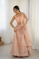Emerald Peach Net Sequins Lehenga with Blouse & Dupatta