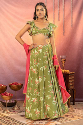 Designer Floral Printed Georgette Lehenga with Pearl Lace Blouse & Fancy Dupatta