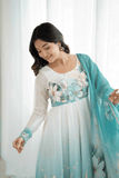 Pastel Aqua Organza Silk Handwork Anarkali Gown Set - kavyo.in