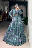 Teal Floral Printed Tussar Silk Co-ord Set Lehenga with Koti