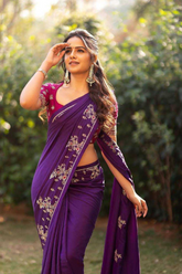Purple Viscose Chinnon Saree with Heavy Embroidery & Contrast Blouse