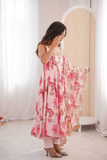 Pure Muslin Floral Print Kali - Cut Gown Set with Organza Dupatta - kavyo.in