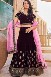 Wine Velvet Embroidered Zari Work Lehenga Set with Net Dupatta