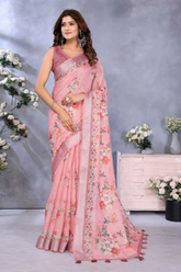 Charming Pink Linen Shimmer Floral Printed Saree