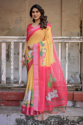 Yellow & Pink Pure Linen Saree with Silver Border & Tassels