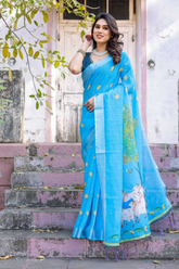 Sky Blue Pure Linen Saree with Silver Border & Tassels