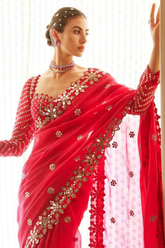 Red Faux Georgette Saree with Heavy Sequin Embroidery and Mirror Lace Border