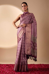 Wine Zari Soft Lichi Silk Ethnic Woven Saree