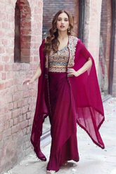Elegant Maroon Indo-Western Drape Set with Embroidered Blouse