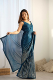 Navy Blue Heavy Chinnon Saree with Mirror Lace and Print Detailing
