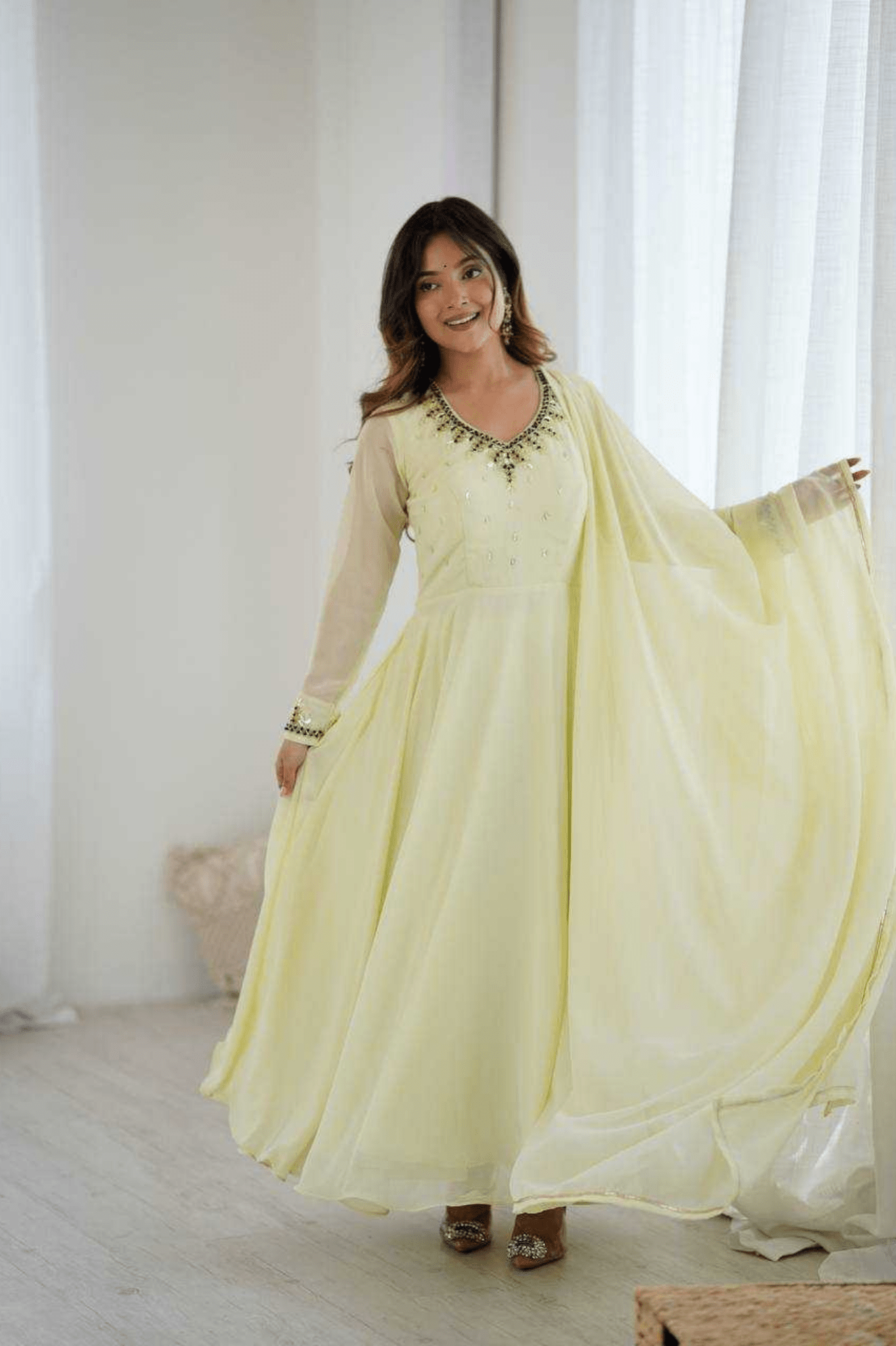 Elegant Lemon Yellow Fox Georgette Handwork Anarkali Suit Set - kavyo.in