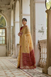 Golden Soft Desi Raw Silk Saree with Pochampally Ikkat Concept & Zari Weaving Border