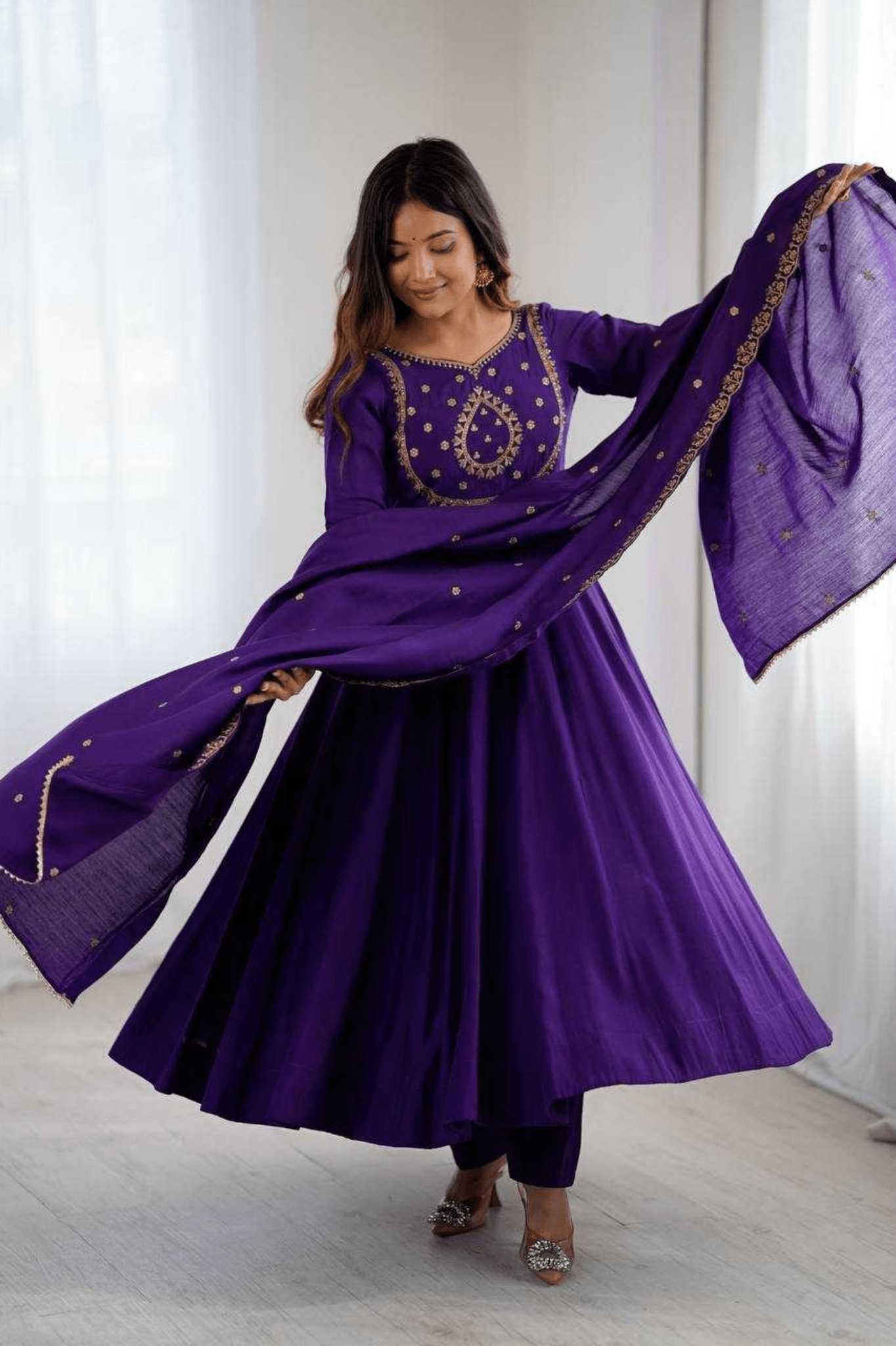 Royal Purple Roman Chanderi Silk Anarkali Gown Set - kavyo.in