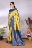 Lemon Teal Banarasi Soft Silk Floral Buti Woven Saree