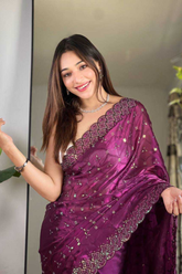 Wine Soft Geemichu Silk Saree with Designer Embroidered Cutwork Border