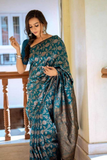Teal Banarasi Lichi Silk All-Over Zari Floral Woven Saree