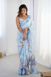 Sky Blue Chinnon Saree with Kutchi Mirror Lace
