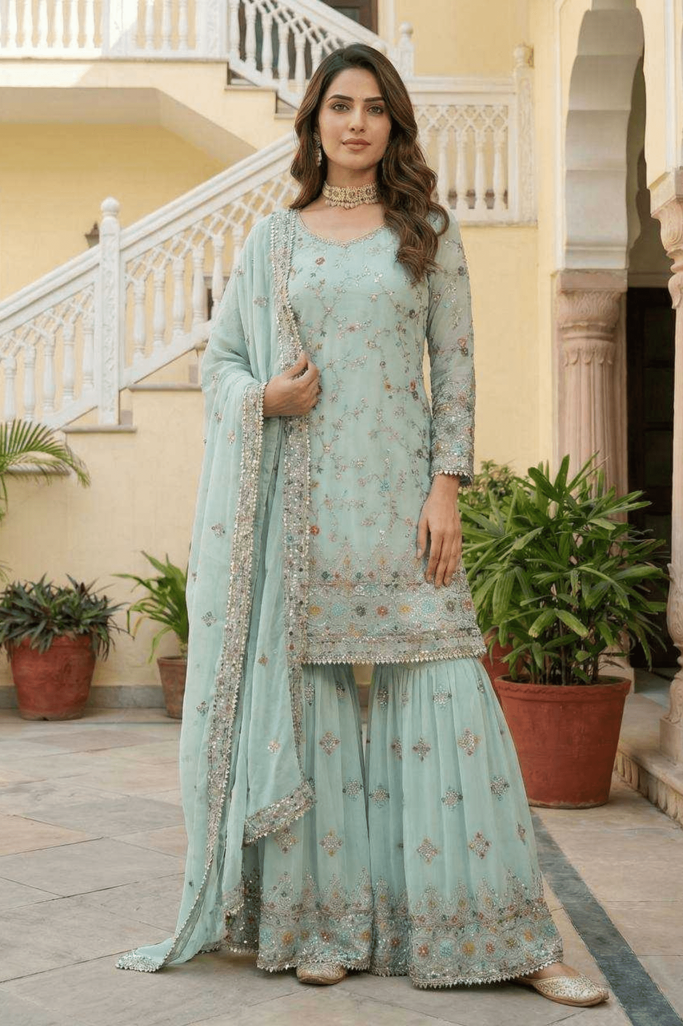 Mint Green Designer Embroidered Kurti Sharara Set with Dupatta - kavyo.in